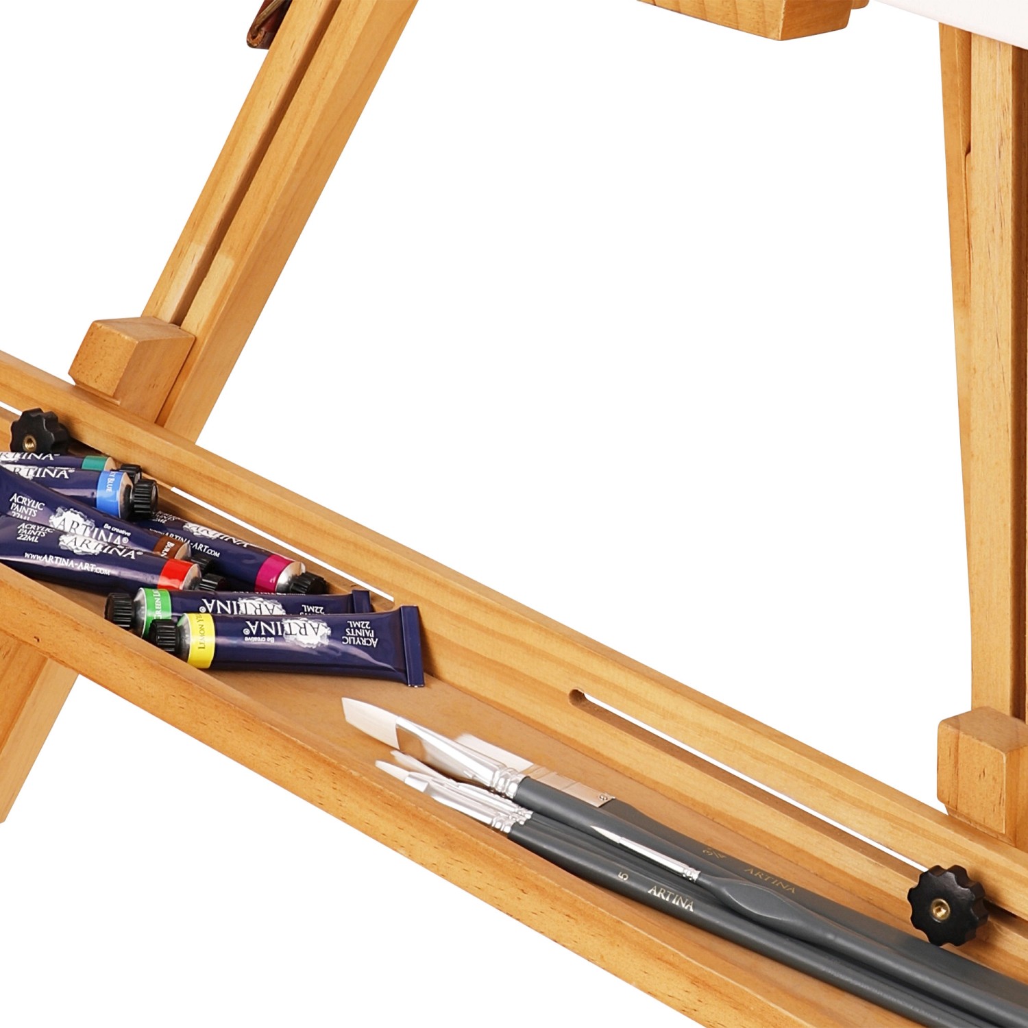Detailansicht Artina Staffelei Saint-Tropez aus Buchenholz mit Farben und Pinseln.