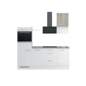 Impuls Küchenzeile IKZ1215R4, 215 cm, Weiß Hochglanz mit E-Geräten und Spüle.