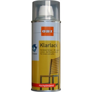 OBI Klarlack Spray, transparent, hochglänzend, 400 ml Dose für Holz, Metall, Stein, Glas, Keramik, Karton und Kunststoff.