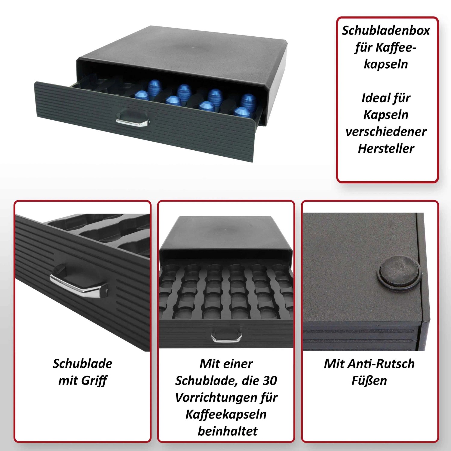 MCW Schubladenbox L98 für Kaffeekapseln, graue Aufbewahrungsbox mit Schublade für 30 Kapseln.