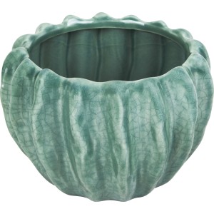 Grüner Keramik Übertopf, 18cm Durchmesser, mit dekorativer Oberflächenstruktur für Innenräume.