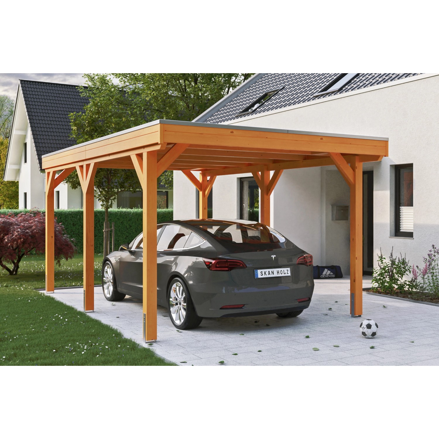 Skan Holz Carport Grunewald 321 cm x 554 cm mit Aluminiumdach Eiche Hell