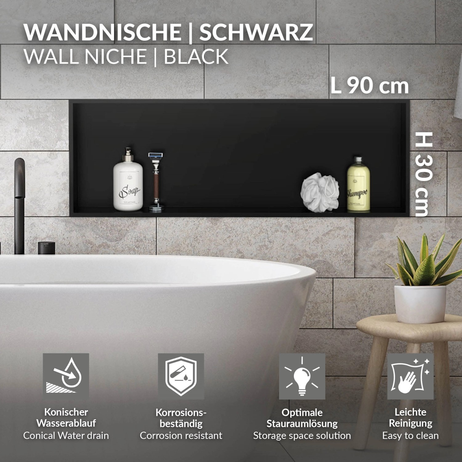 Schwarze LuxeBath Wandnische aus Edelstahl, 90x30x10 cm, mit Rahmen als Duschzubehör.