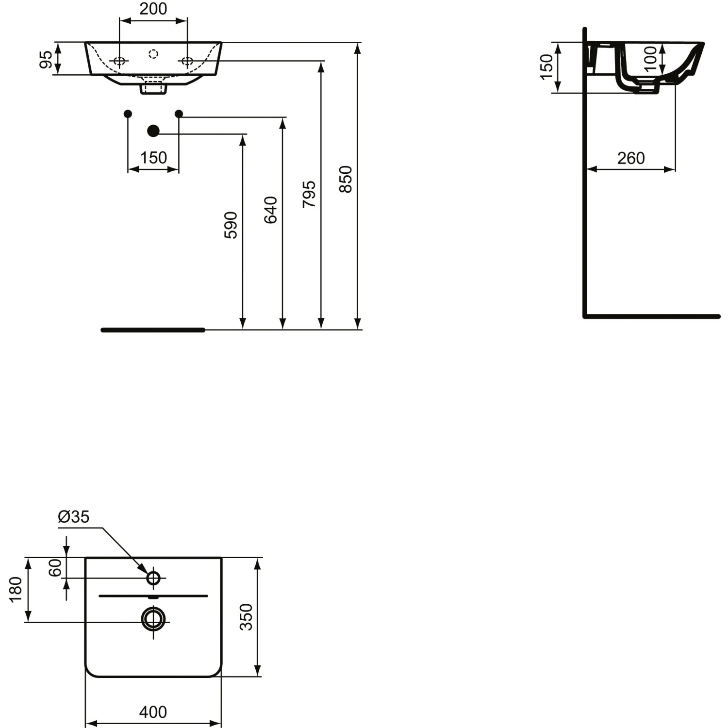 Technische Zeichnung: Ideal Standard Connect Air Handwaschbecken, 40 cm, Schwarz, mit Maßen.
