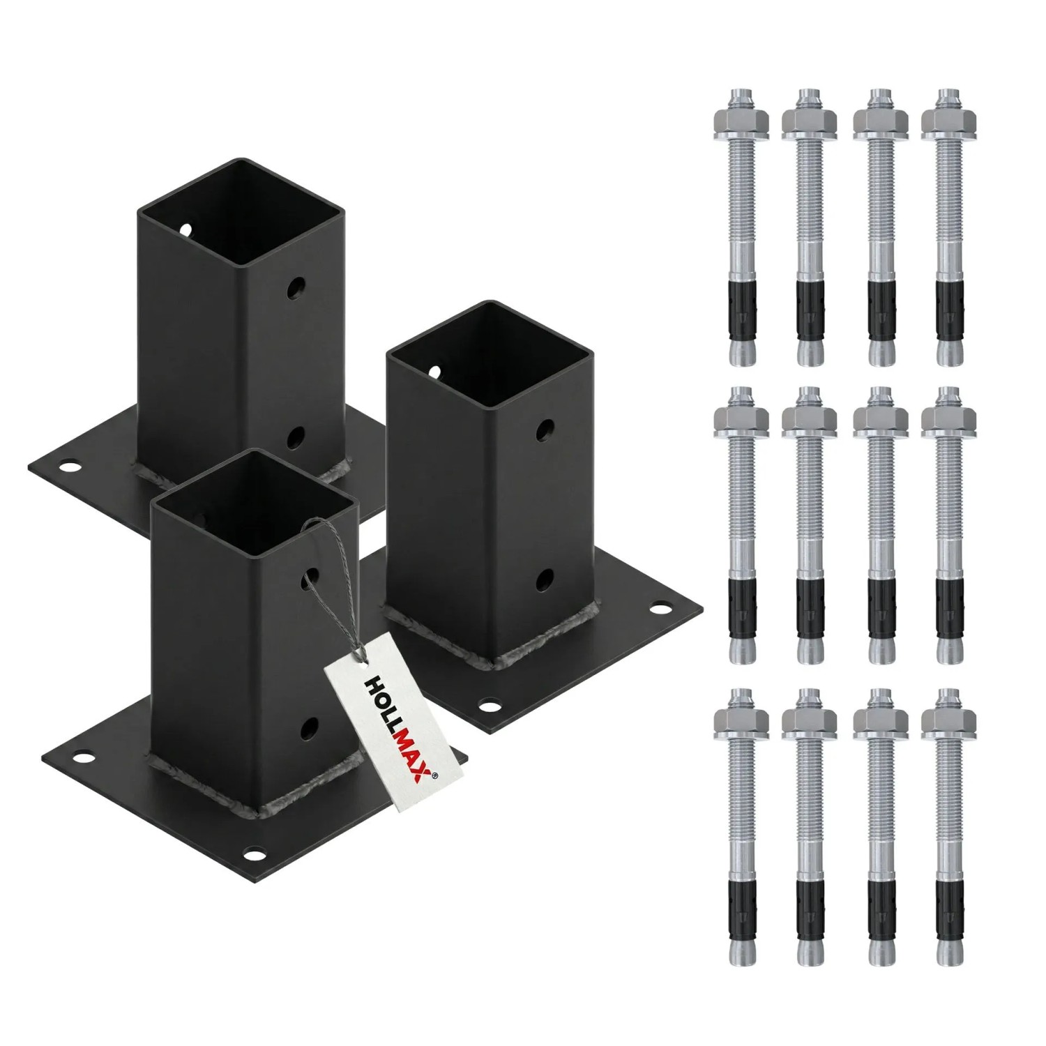 HOLLMAX 3 Stk. Aufschraubhülse/Pfostenträger 71 mm inkl. Schwerlastanker 10 x 100 mm Pulverbeschichtet Schwarz für Vierkantpfosten