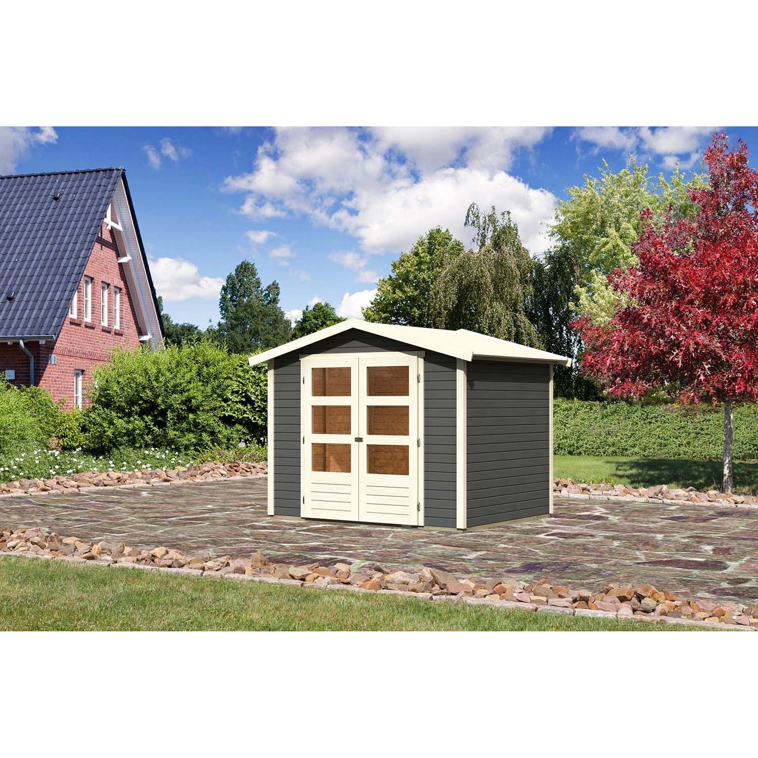 Karibu Holz-Gartenhaus/Gerätehaus Amberg Terragrau Satteldach Lackiert 242 cm x 182 cm
