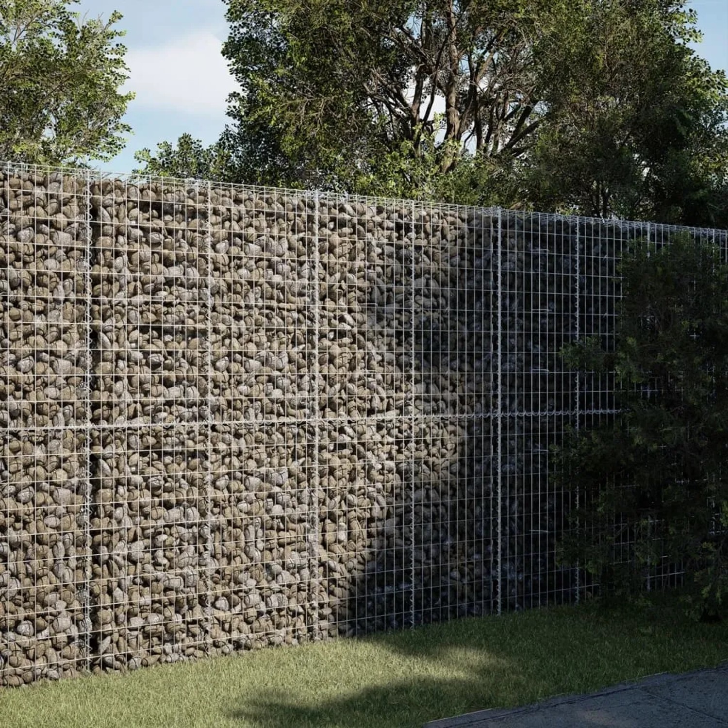 Hohe, silberne vidaXL Gabione mit Deckel, gefüllt mit Steinen, als Sichtschutz im Garten.