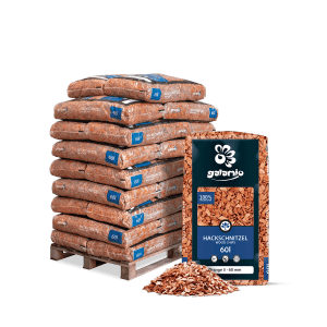 Galamio Holzhackschnitzel Orange, 26 Säcke à 60l auf Palette. Dekormulch für den Garten.
