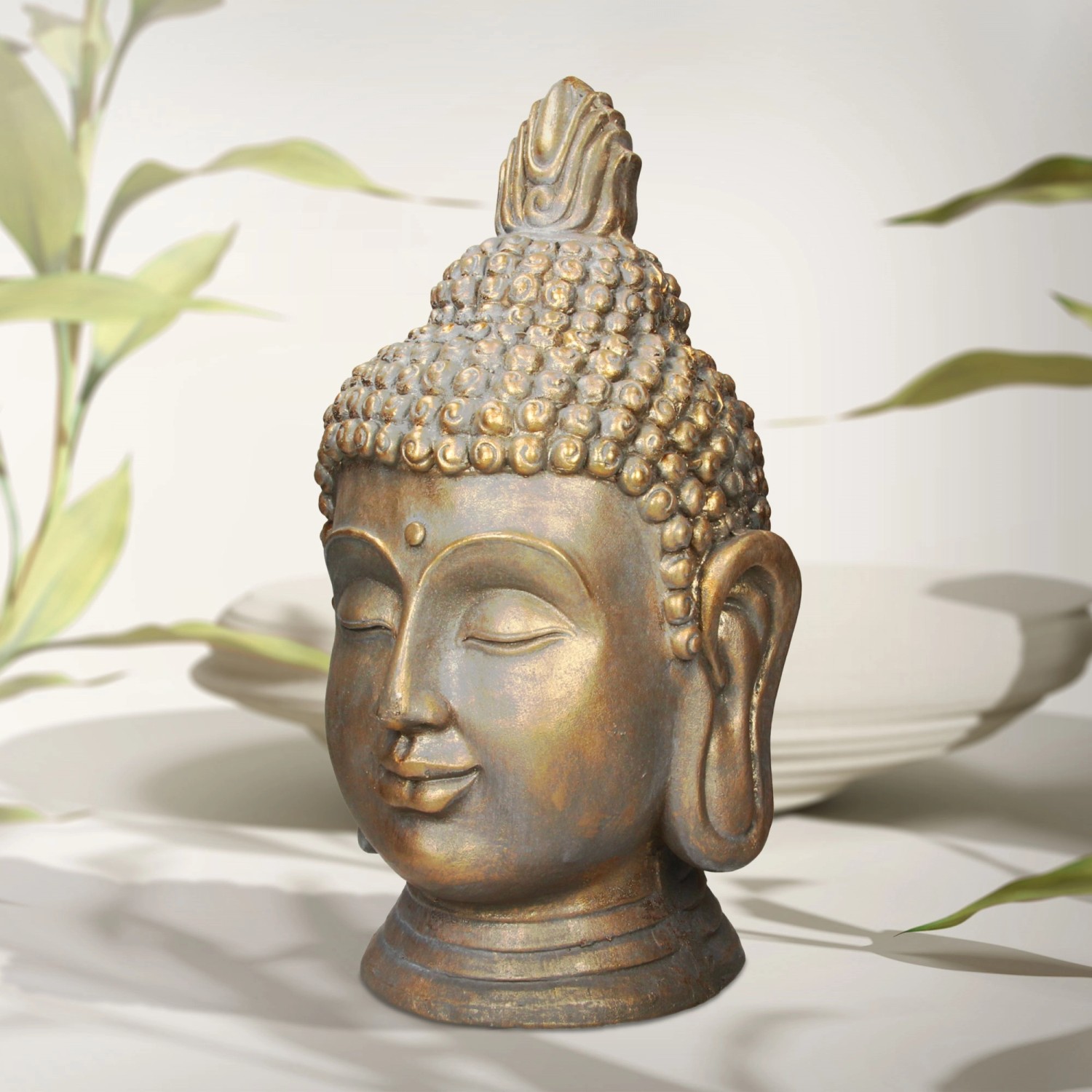 Buddha Figur Kopf, 53cm, Bronzeoptik, Polyresin, Deko für Garten und Haus.