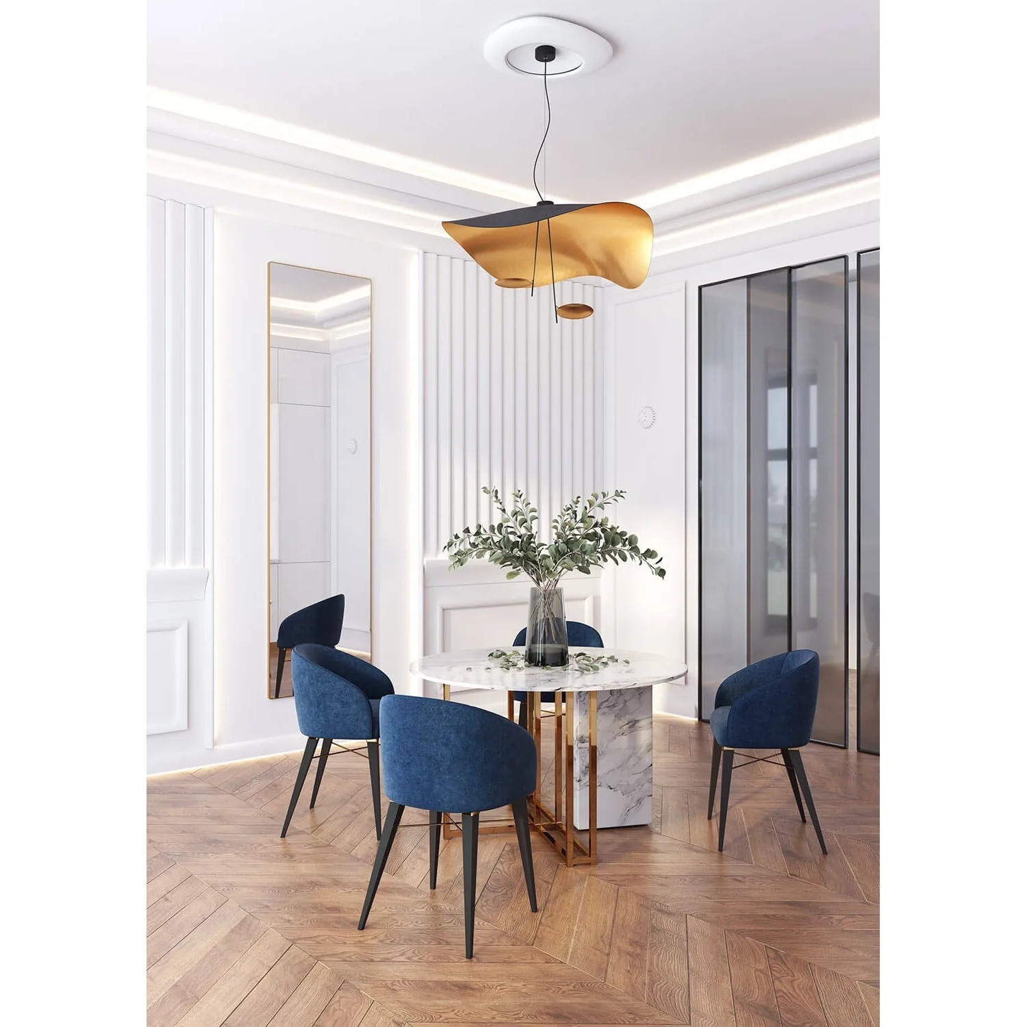 Weiße PROFHOME Eckleiste/Deckenleiste für indirekte Beleuchtung im modernen Esszimmer.