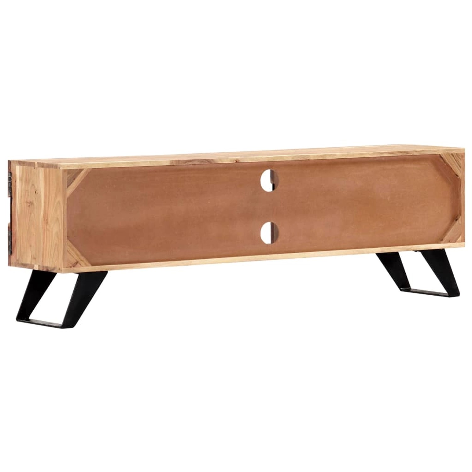 VidaXL TV-Schrank aus Akazie Massivholz, Rückansicht mit Kabellöchern und schwarzen Füßen.