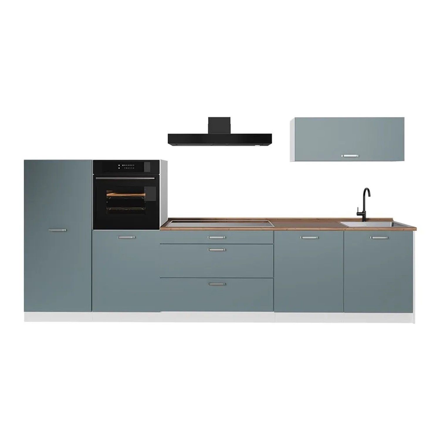 Vicco Küchenzeile R-Line Blau-Grau/Weiß 340 x 143 Arbeitsplatte Goldkraft Eiche Art Nr 67318
