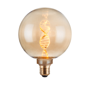 ENOVALITE LED Filament Leuchtmittel mit DNA-Doppelhelix in Amber Glas und E27 Fassung.