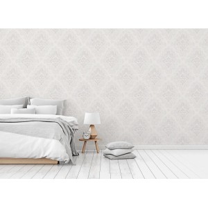 Tadessi Barock Tapete Samuel M1 No 2448, grau-weißes Ornament im Schlafzimmer.
