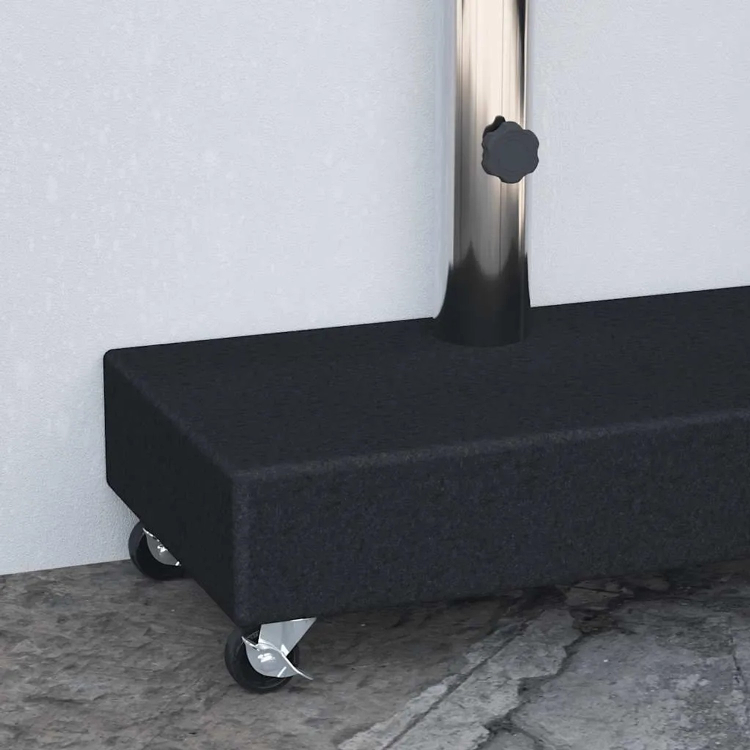 Schwarzer vidaXL Schirmständer aus Granit mit Edelstahlrohr und Rollen.