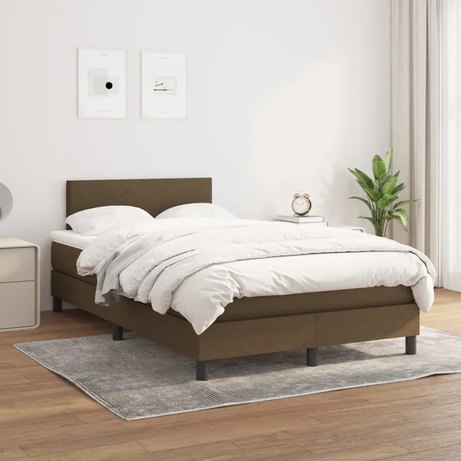 Dunkelbraunes vidaXL Boxspringbett (120x200 cm) mit Matratze und Kopfteil im Schlafzimmer.