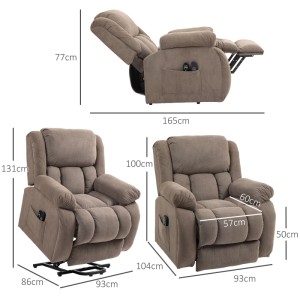 Hellbrauner elektrischer Relaxsessel mit Aufstehhilfe, Liegefunktion und Massage. Zeigt drei Positionen und Maße.