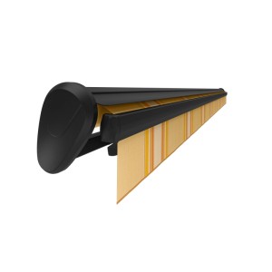 Halbkassettenmarkise Reno, anthrazitfarben, 3x2 m, gelb-orange gestreift.