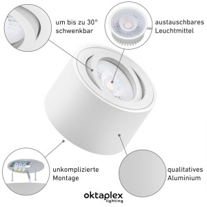 Oktaplex Lile S Deckenspot 6er Set, schwenkbar, Aluminium, weiß, mit LED Modulen für warmweißes Licht.