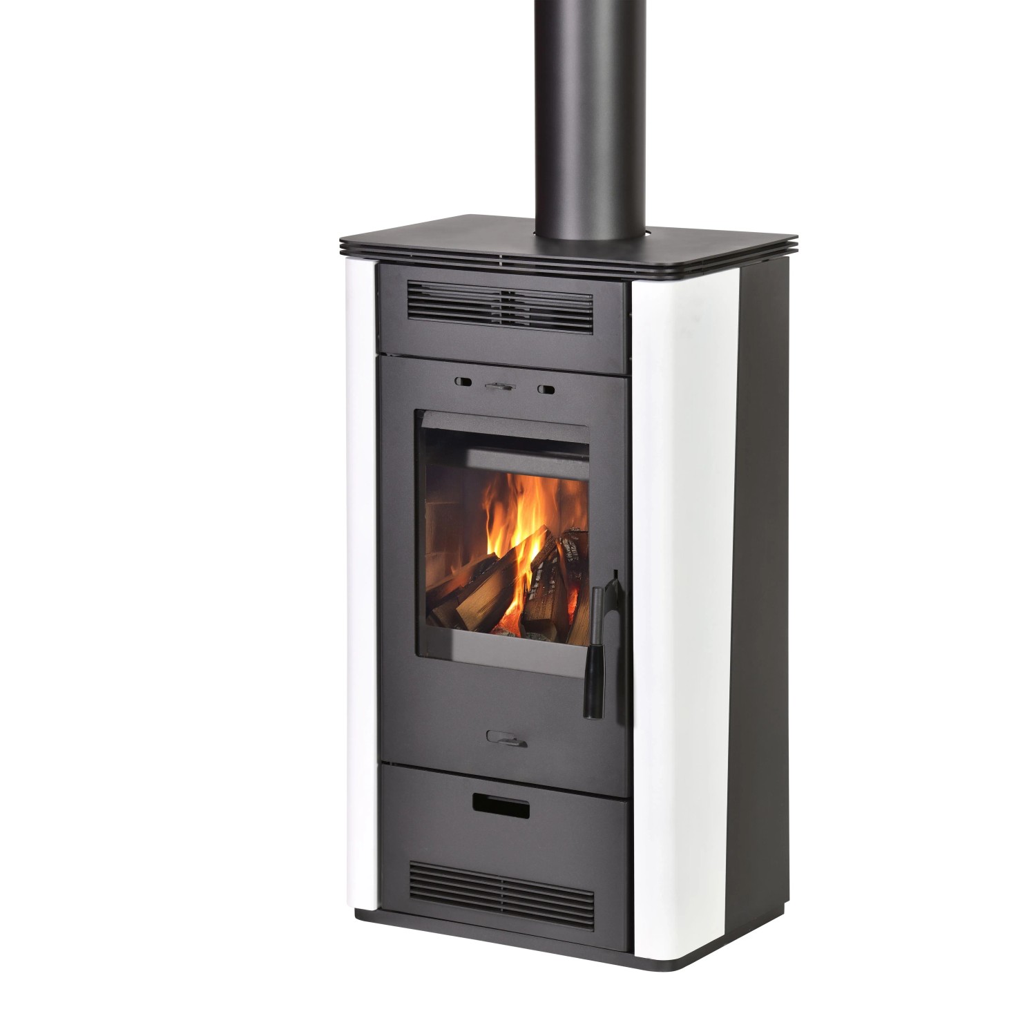 Firefix Kaminofen Stahl Anthrazit 5,8 kW mit brennendem Holz, moderner Optik und weißen Seiten.