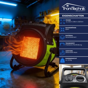 Tronitechnik Keramikheizer, Heizlüfter mit 2000 Watt, Tragegriff und Thermostat.