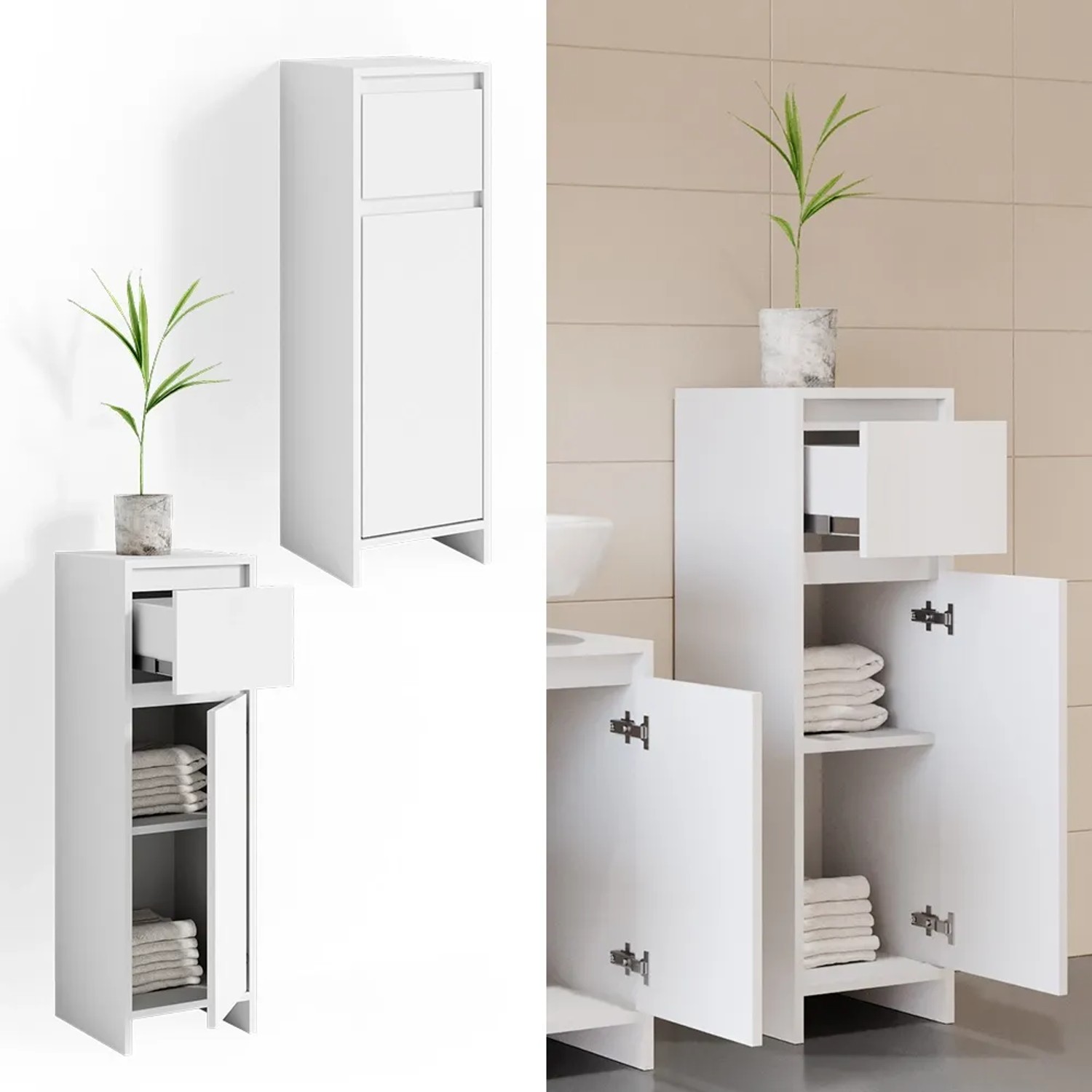 Vicco Midischrank Emma, weißes Badregal mit Schublade und Tür, 30x95 cm.