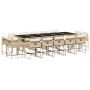 Beige 15-tlg. Garten Essgruppe aus Poly Rattan mit Tisch, 14 Stühlen und Kissen.