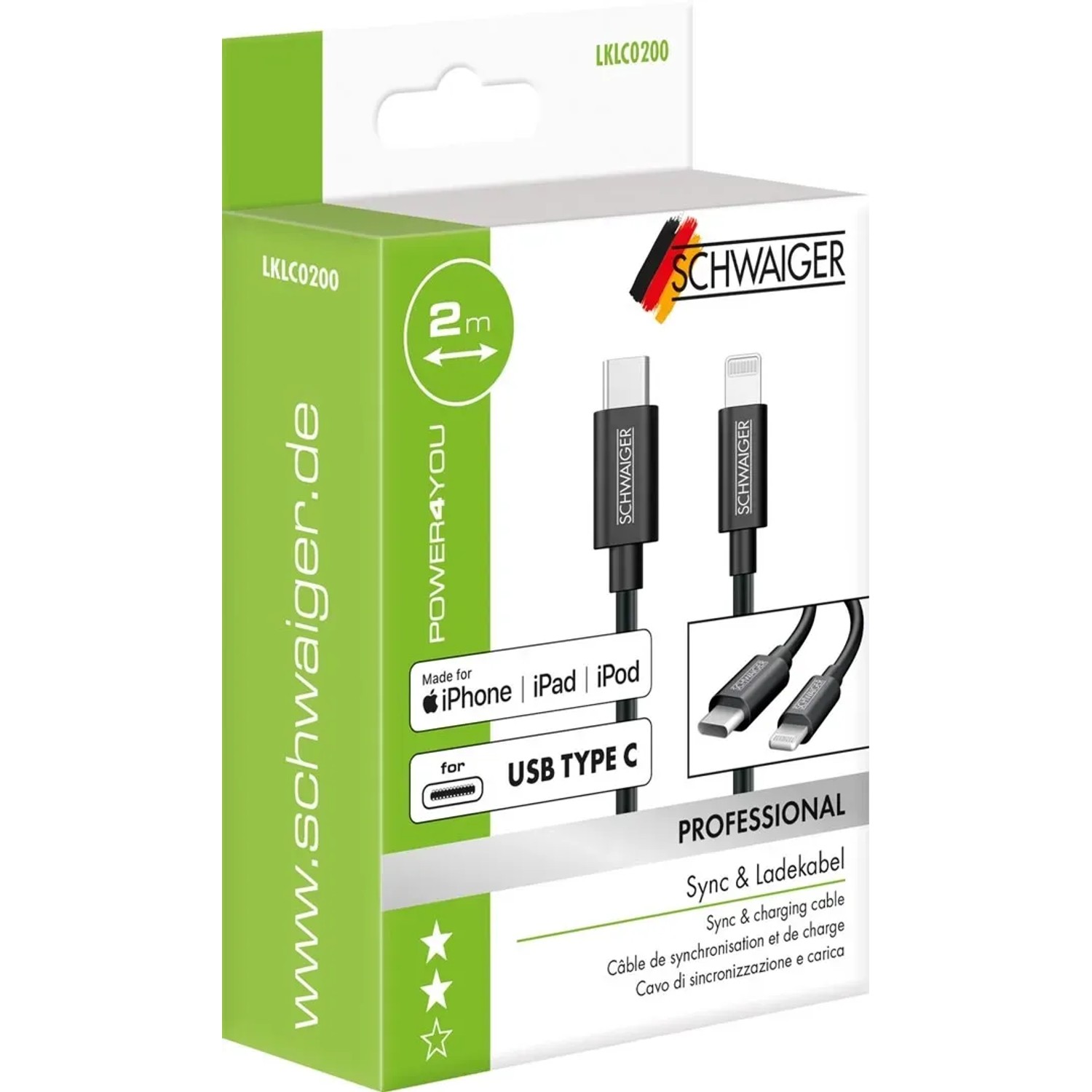 Schwaiger Lightning Sync- und Ladekabel, 2 m, Schwarz, für Apple Geräte.