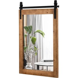 Brauner rechteckiger Wandspiegel mit Massivholzrahmen und schwarzer Schiebetür-Aufhängung. Ideal für Wohnzimmer, Schlafzimmer.