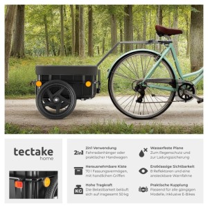 Tectake Fahrradanhänger Cargoxpress mit Stahlrahmen und herausnehmbarer Kiste am Fahrrad.
