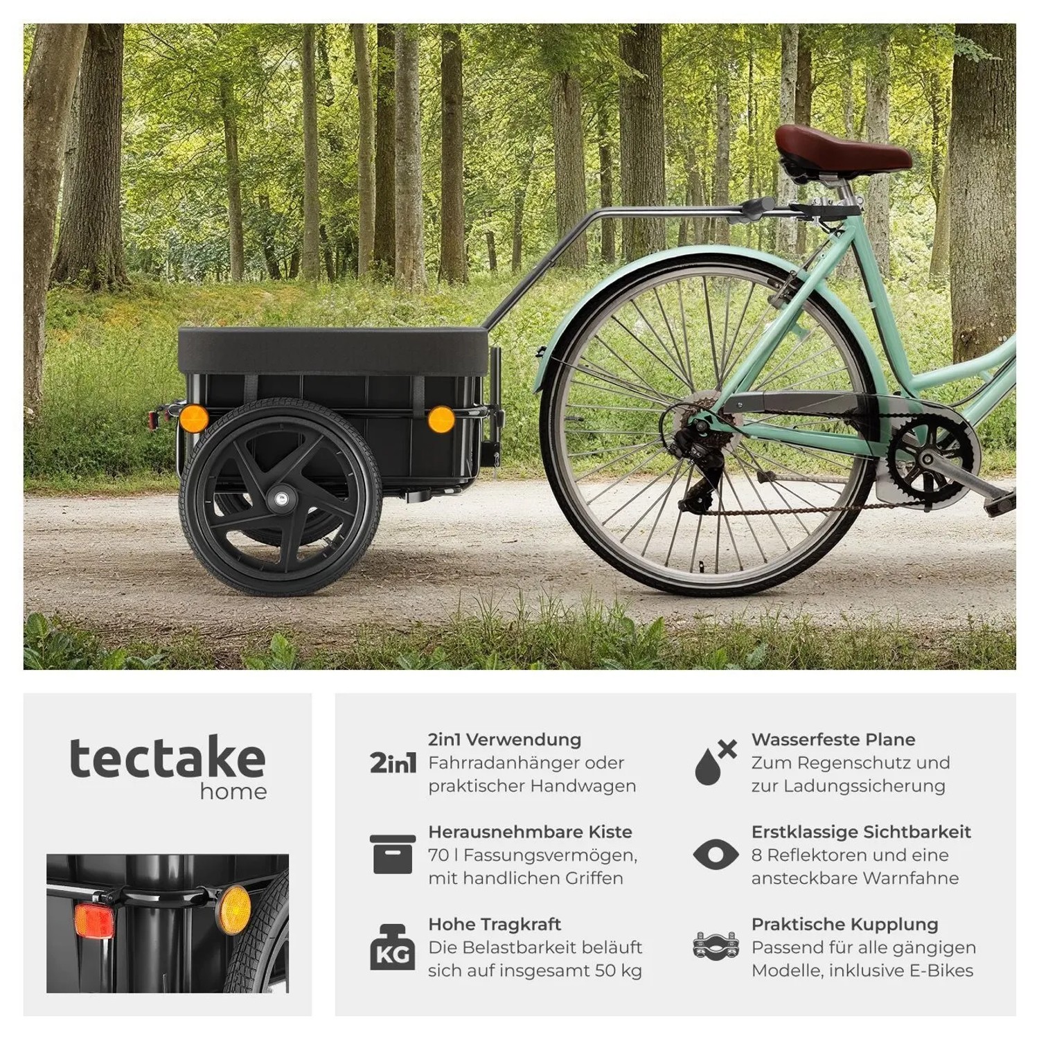 Tectake Fahrradanhänger Cargoxpress mit Stahlrahmen und herausnehmbarer Kiste am Fahrrad.