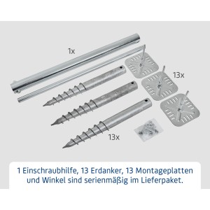 Hörmann EcoStar Schraubfundament Set für Gerätehäuser: Erdanker, Montageplatten und Einschraubhilfe.