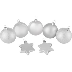 Weihnachtskugel-Set Sterne, 50-teilig, silberfarben, mit verschiedenen Oberflächen.
