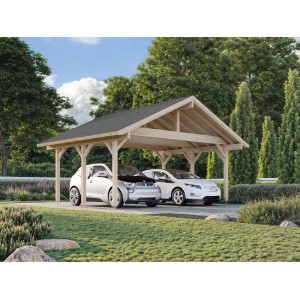 Palmako Doppelcarport Robert, grau, aus Holz mit zwei geparkten Autos.