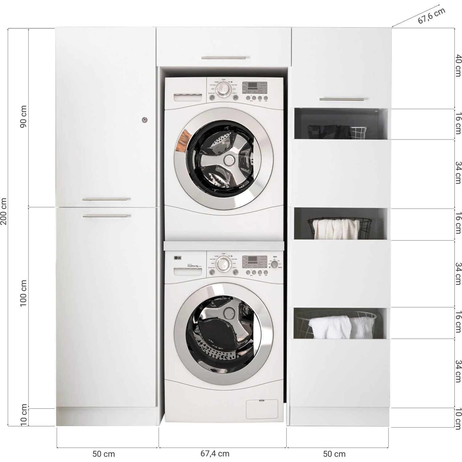 Respekta Hauswirtschaftsraum Set Clara, 200cm, Weiß Matt, mit Waschmaschinenschrank, Hochschrank und Wäscheschrank.