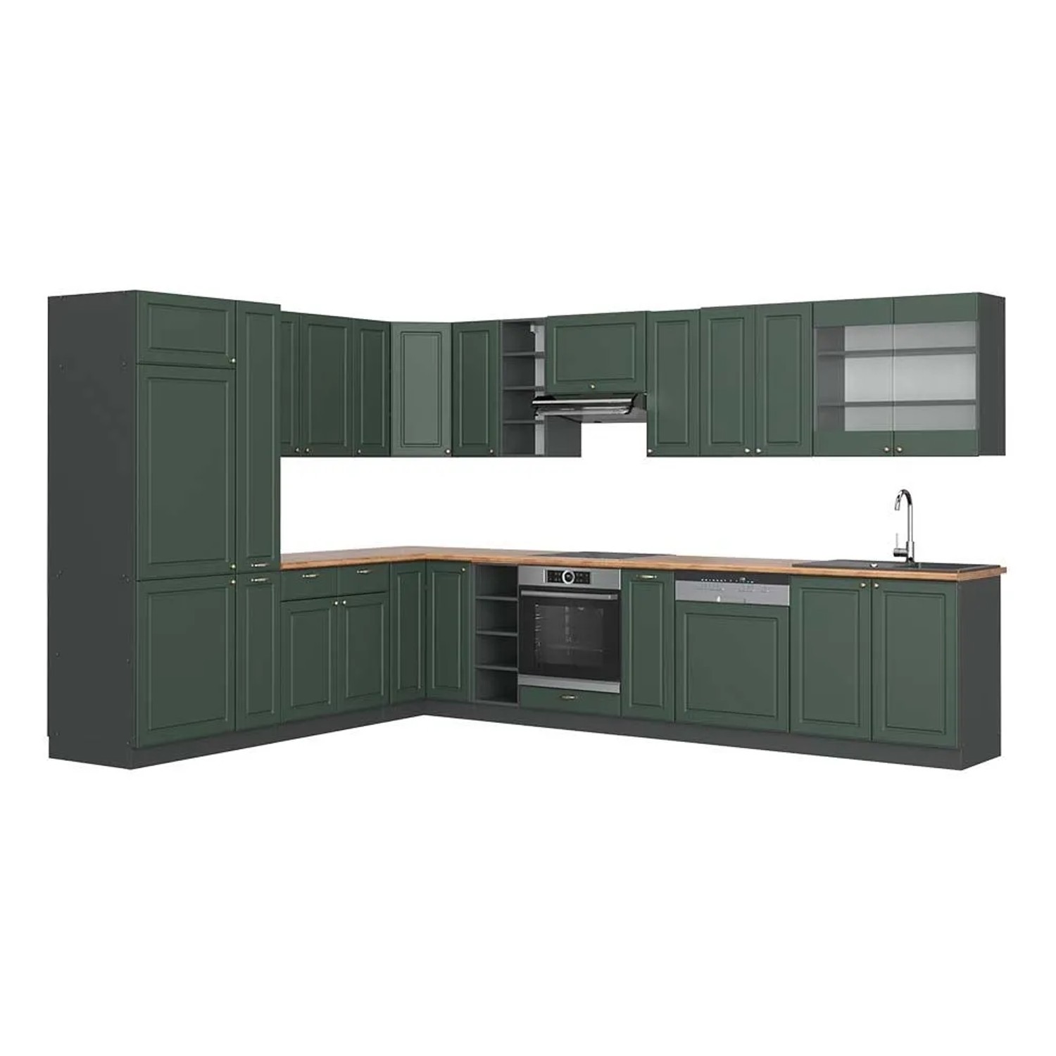 Vicco Eckküche Fame-Line Grün-Gold Landhaus/Anthrazit 347 x 82, AP Eiche