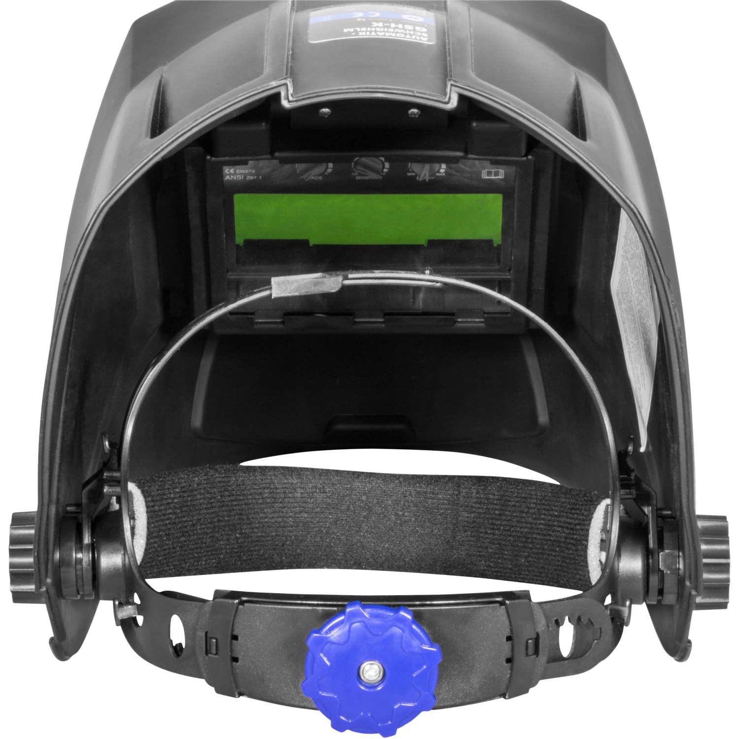 Güde Automatik Schweißhelm GSH-K, Innenseite mit Sichtfenster und Kopfband.