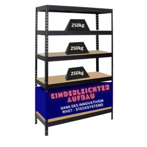 Schwarzes PROREGAL Schwerlastregal mit 5 Böden, Fachlast 250 kg, Rivet Stecksystem.
