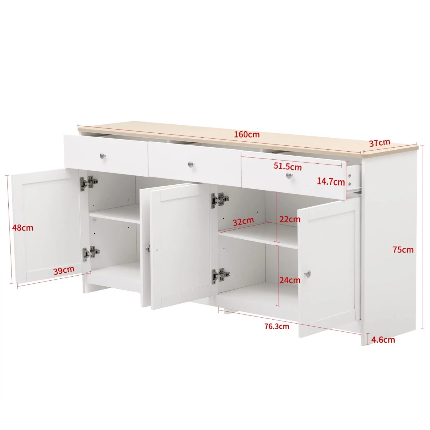Weißes Sideboard Küchenschrank mit Holzplatte, 3 Schubladen, 4 Türen und verstellbaren Böden. 160x75x37cm.