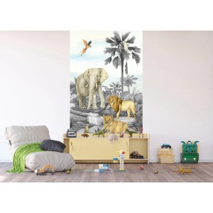 Sanders & Sanders Fototapete Dschungeltiere Grau 1,5x2,7m im Kinderzimmer.
