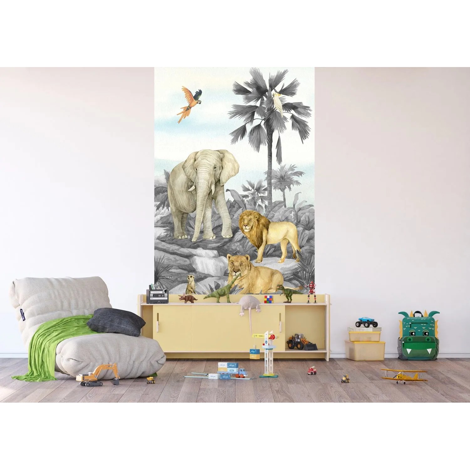 Sanders & Sanders Fototapete Dschungeltiere Grau 1,5x2,7m im Kinderzimmer.