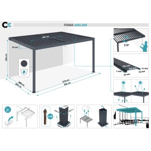 Graue Cazeboo Piana Anlehnpergola 4x3m aus Aluminium, Maße und Details.