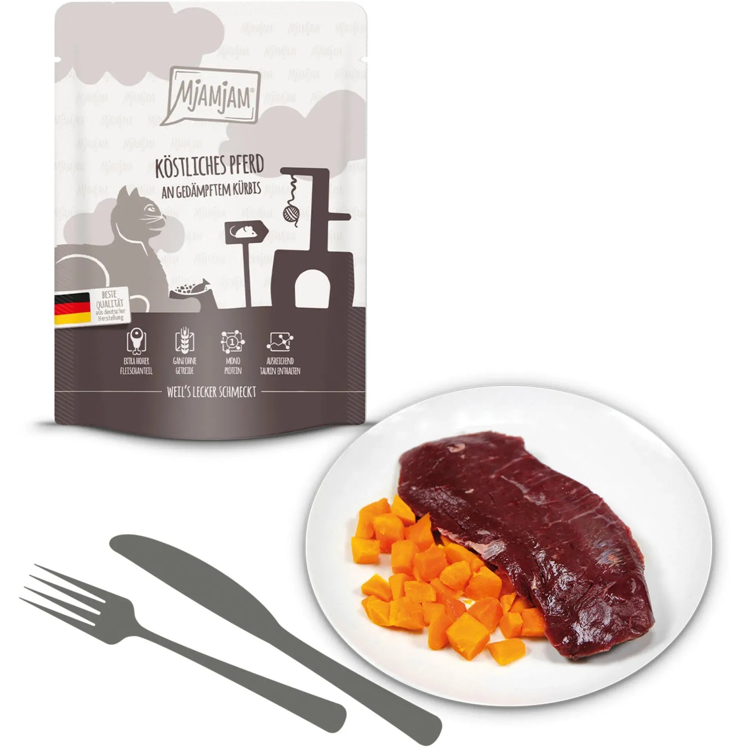 MjAMjAM Katzen-Nassfutter Pferd mit Kürbis, servierfertig auf Teller. Premium Monoprotein Alleinfutter.