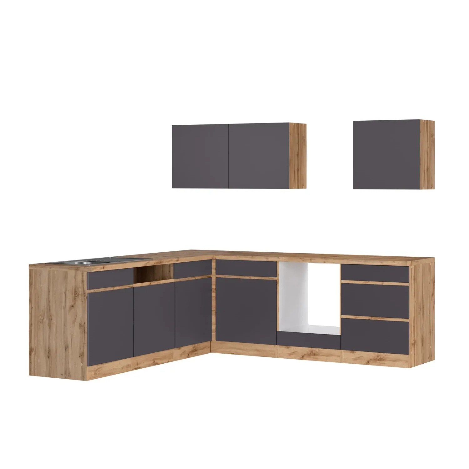 Held Möbel Winkelküche Turin, 240x240 cm, Graphit/Wotaneiche, ohne E-Geräte.