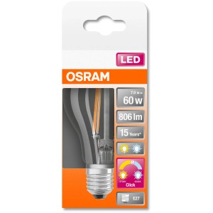 Osram LED-Lampe E27 in Glühlampenform, 7W, 806 lm, 10,5x6 cm. Energieeffizientes Leuchtmittel für den Innenbereich.