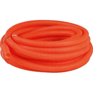 Orangefarbenes, flexibles Isolierrohr EN 20, 25 m lang, gerillt, für Aufputzmontage.