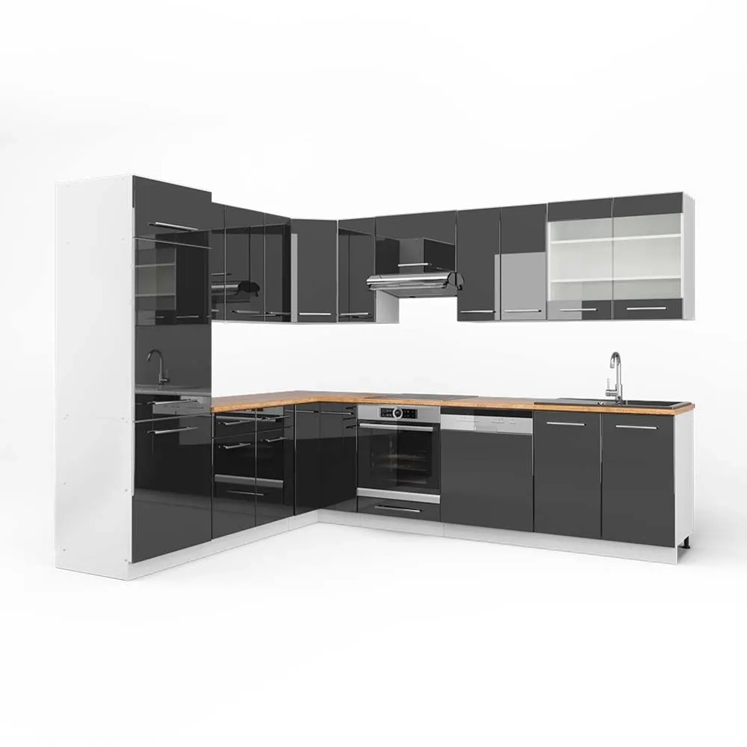 Vicco Eckküche Fame-Line Anthrazit Hochglanz/Weiß 287 x 82, AP Eiche