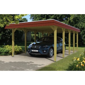 Skan Holz Carport Spreewald mit roter Blende und Auto. Holzkonstruktion mit Flachdach.