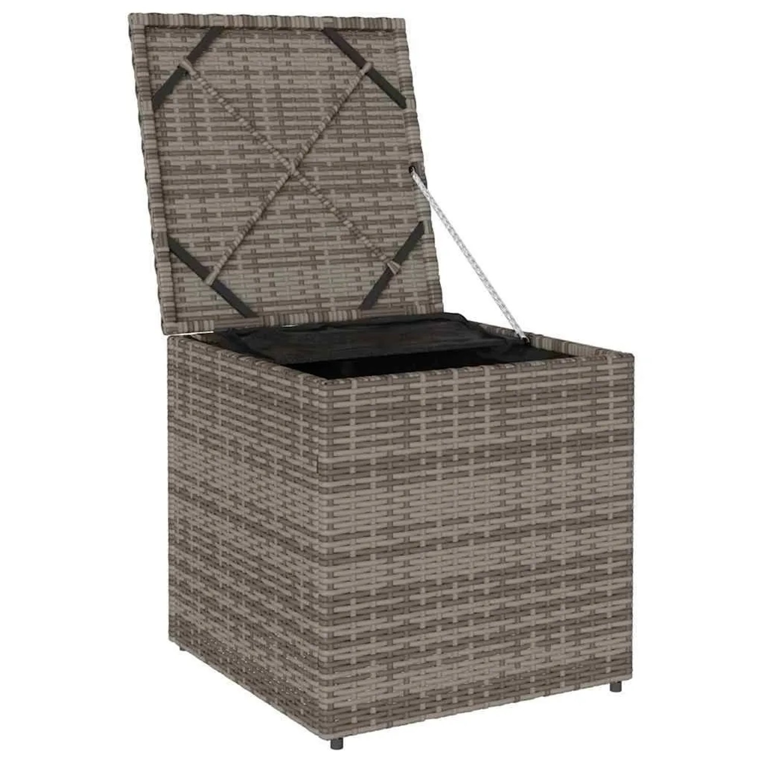 Graue vidaXL Kissenbox aus Polyrattan, 50x50x50 cm, mit offenem Deckel.