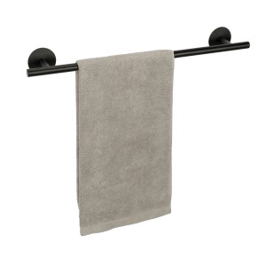 Schwarze Schöner Wohnen Badetuchstange Uno Meleto (60 cm) mit beigem Handtuch.